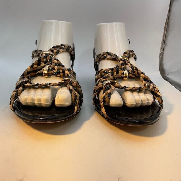 Loeffler Randal Ladies Sandals 8 Black Gold Beige Patent Leather Flats Shoes - Picture 5 of 15